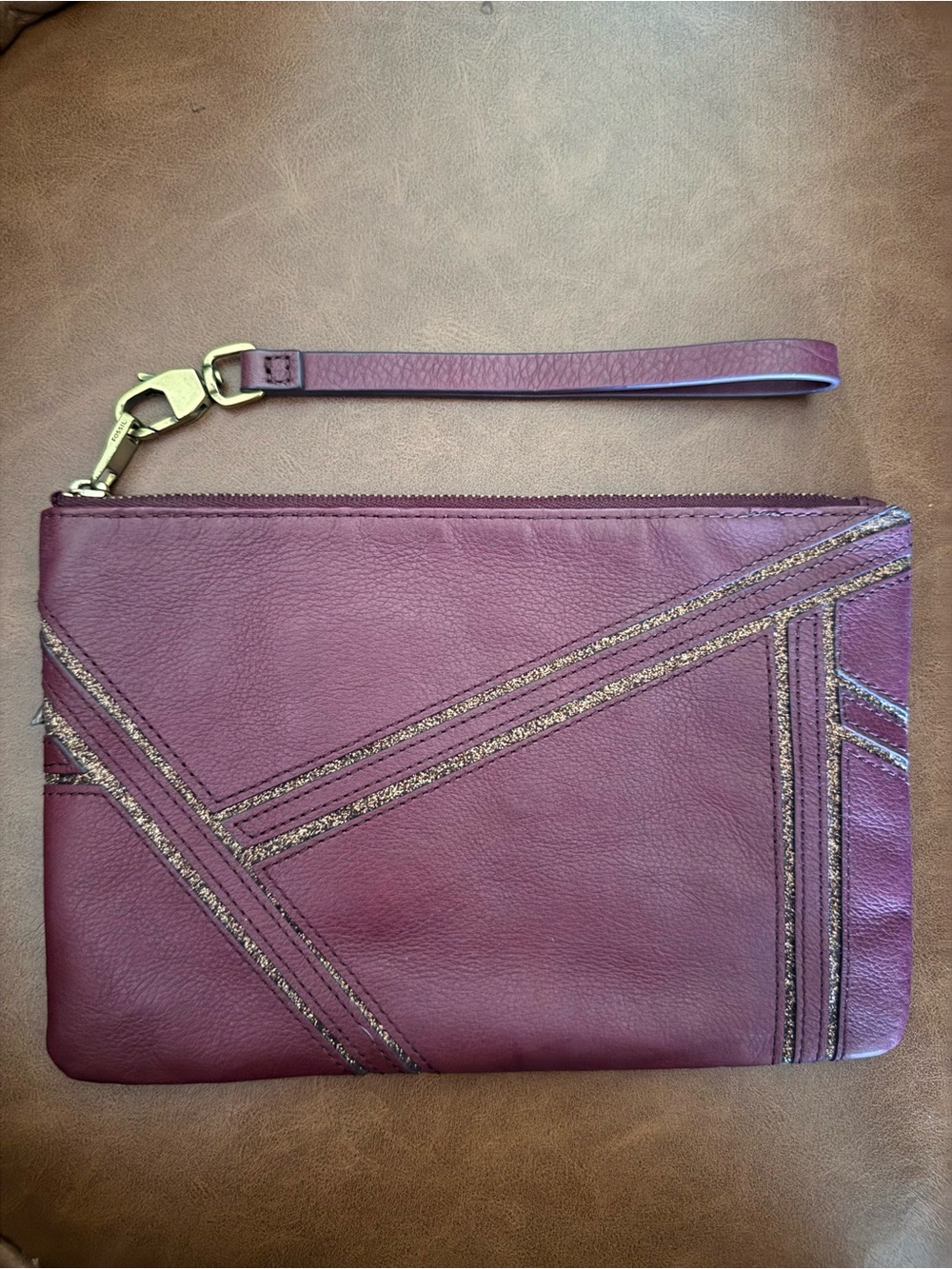 Fossil Plum/Burgundy Leather Wristlet Clutch with Glitter Trim